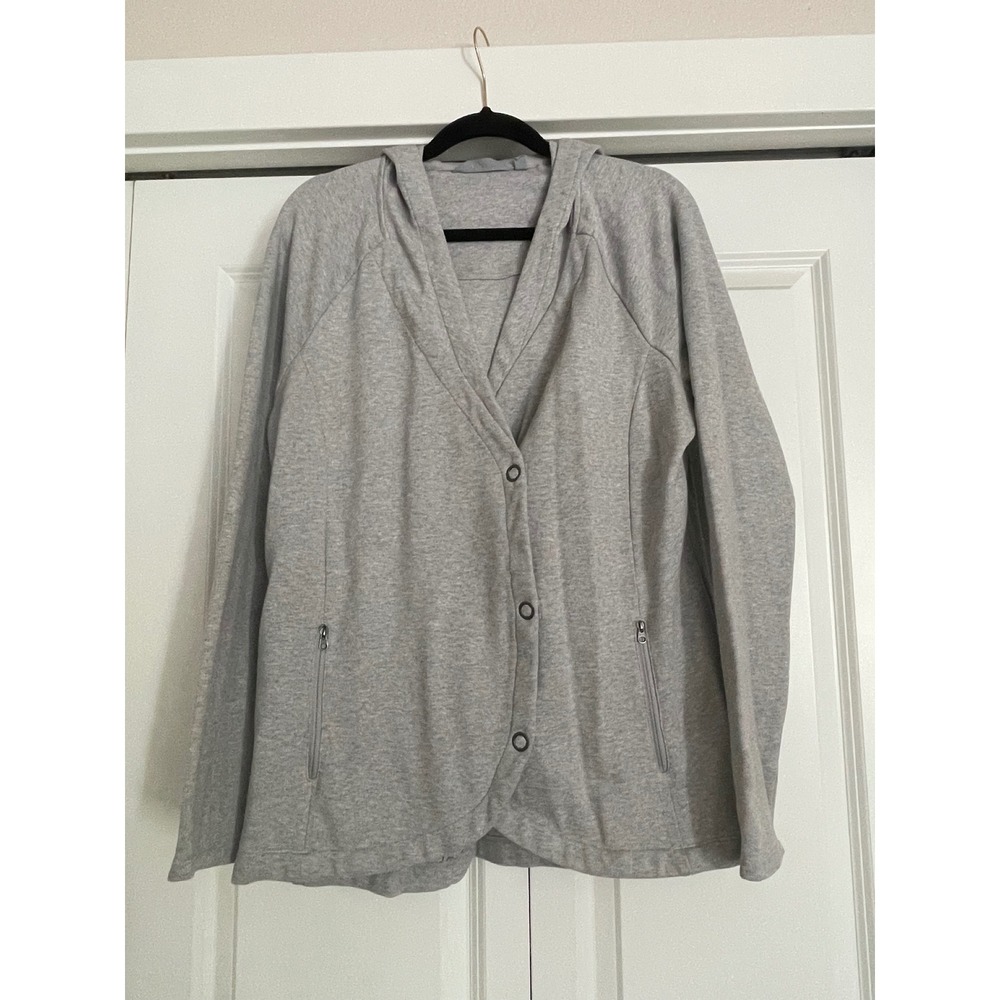 Athleta Boonville Snap Front Hooded Wrap Jacket Gray Cozy Zip Pocket Size XL